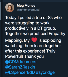 A Tweet from Meg Money about using empathy mapping with her students