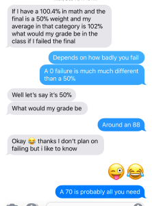 A text from Jordan asking how a weighted final will impact her math grade